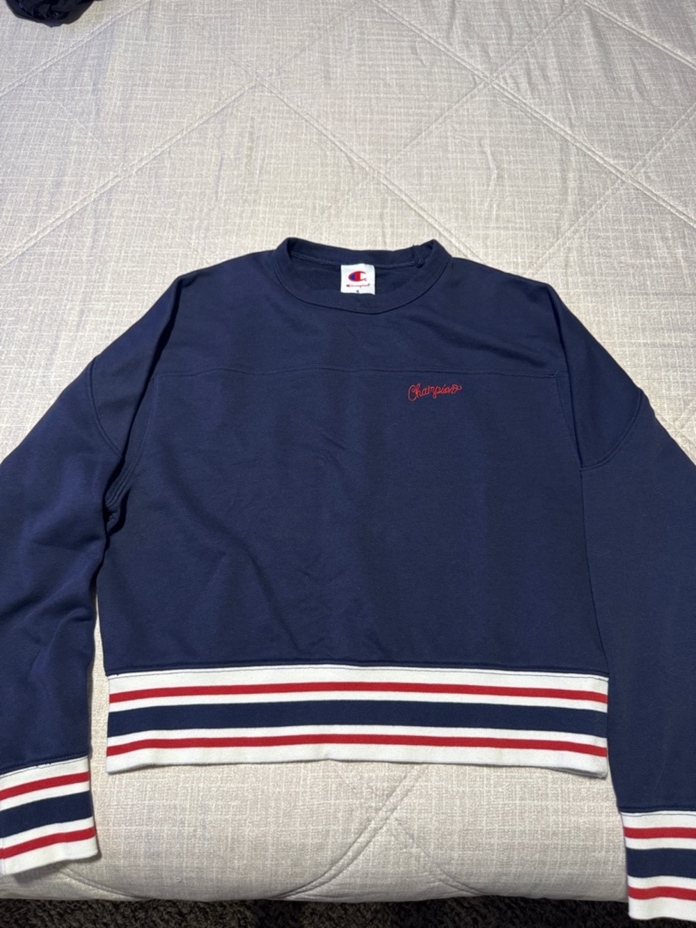 Champion Navy Crewneck Sweater with Red & White Stripe Trim